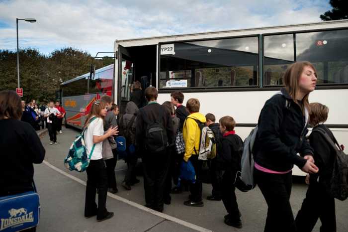 Buses waiting to collect schoolchildren